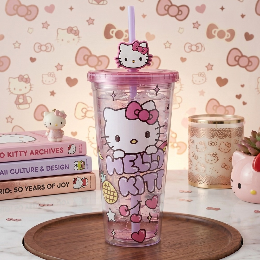 Sanrio Hello Kitty Pink Purple Double Wall Tumbler with Straw and 3D Charm 24oz